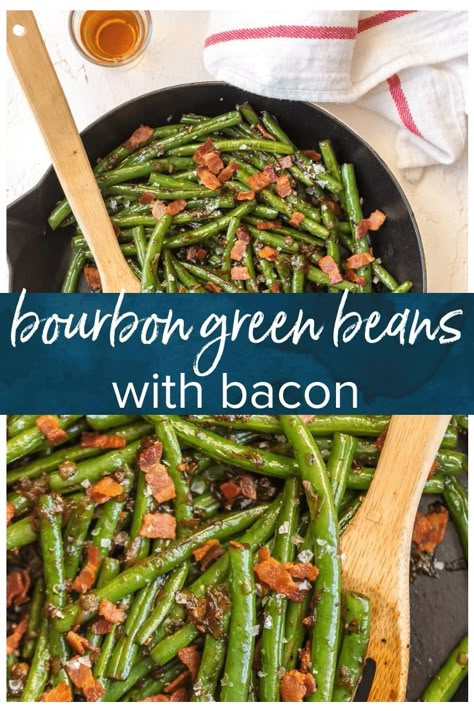 Skillet Green Beans are an easy way to make some veggies for your meal. These Bourbon Green Beans with Bacon add some spice, flair, and beauty to any holiday table! It's the ultimate Thanksgiving side dish that's SO full of flavor, you'll be blown away! Greenbeans Bacon, Vegetarian Thanksgiving Sides, Italian Thanksgiving Recipes, Thanksgiving Goodies, Skillet Green Beans, Thanksgiving Board, Vegetables Dishes, Beans With Bacon, Bourbon Recipes