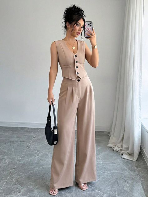 French Style Solid Color Cami Top And Pleated Pants Set, Casual/Streetwear/Office Wear, Spring/Summer Khaki Elegant  Cap Sleeve Polyester Plain  Non-Stretch  Women Clothing, size features are:Bust: ,Length: ,Sleeve Length: