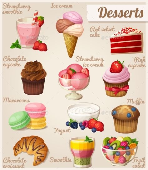 Glass of strawberry smoothie, ice cream cone, chocolate croissant, macaroons, red velvet cake, chocolate cupcake, strawberry ice c Biscuit Cupcakes, Draw Food, Waffle Ice Cream, Ui Game, Chocolate Smoothie, Chocolate Croissant, Cute Food Drawings, Cute Food Art, Strawberry Smoothie