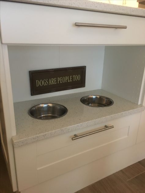 Built In Dog Cabinet, Dog Bowl Placement Ideas, Dog Bowls Mudroom, Dog Bowl Built In Kitchen, Dog Bowl Built In, Kitchen Island Dog Bowl, Dog Bowl Kitchen, Open Bottom Kitchen Cabinets, Built In Dog Bowl