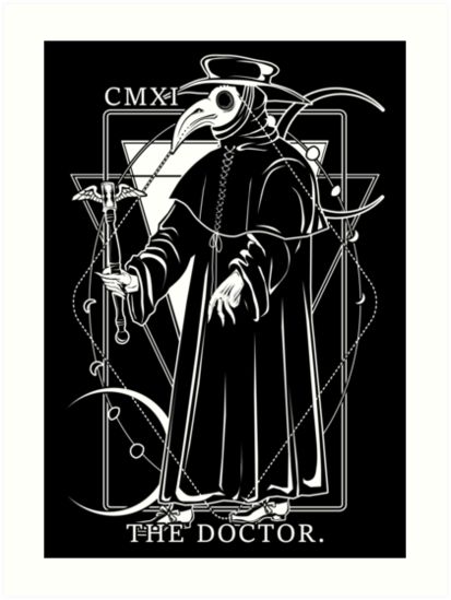 It’s another Tarot inspired design, this time it’s a fake The Doctor card. / It shows the plague doctor who treated victims of the bubonic plague. In the 17th, 18th, and 19th centuries, some doctors wore a beak-like mask which was filled with aromatic items. The masks were designed to … • Millions of unique designs by independent artists. Find your thing. Plague Doctor, Memento Mori, The Doctor, Roman Numerals, Mask Design, Tarot Card, Lower Case Letters, Traditional Tattoo, Dark Art