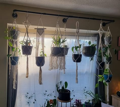 Window Plant Hanger Curtain Rods, Hanging Clothes Racks Diy, Towel Rack Plant Hanger, Wall Of Hanging Plants, Hanging Plant Curtain, Plant Rod Hanger, Plant Hanging Bar, Industrial Hanging Plants, Plant Curtain Rod