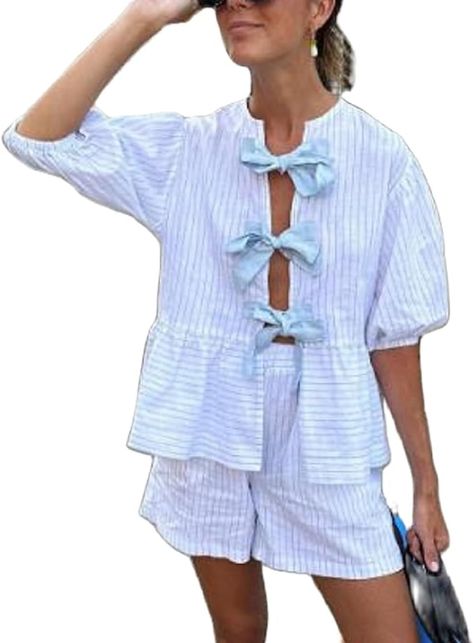 PRICES MAY VARY. Material:Y2k peplum shirt shorts set for women 2 piece summer lounge pajama set,puff sleeve tie front top elastic shorts two piece outfits set for teen girls,is made of polyester,soft,skin-friendly,lightweight,loose fit,relaxed,and comfortable women y2k going out plaid shorts matching set 2 piece outfit. Design:Women summer casual basic lounge set y2k cute pajama outfit set,short puffle sleeve,plaid printed,v neck,open front, tie print peplum blouse,kawaii babydoll shirt,loose f Two Piece Shorts Set, Stripe Fabric, Bow Blouse, Weave Style, Tie Bow, Loose Outfit, Striped Tie, Crop Top Blouse, Striped Fabrics