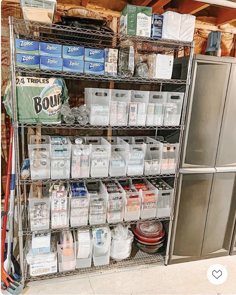 Do you keep a backstock area in your home? There’s no sense in cluttering up the main living areas in your home when you have the space for backstock! This beverage area would overflow the kitchen but makes perfect sense just a few feet away, at the bottom of the basement stairs. Storage Areas In House, Basement Shelf Storage, Ppe Storage Ideas, Basement Freezer Area, Storage In Basement Ideas, Food Storage In Garage, Drink Storage Ideas Garage, Garage Pantry Ideas Food Storage, Basement Pantry Storage Ideas