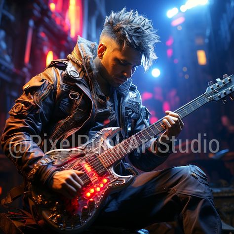 Cyberpunk guitarist Jamming hard #cyberpunk #musician #guitarist #art #Gamerart #futuristic #dystopian Cyberpunk Musician, Musician Clothes, Cyberpunk Artwork, Guitarist Art, Neon Cyberpunk, Cyberpunk Art, Guitarist, Cyberpunk, Musician