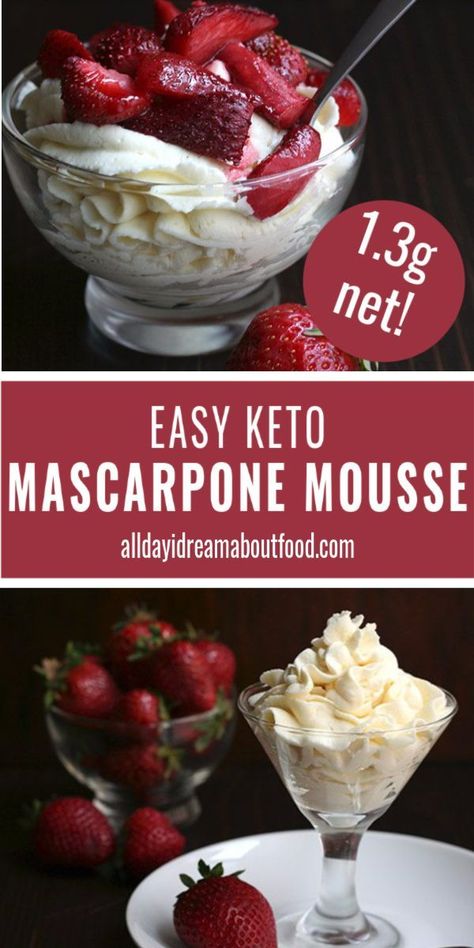 A delicious low carb and keto mousse made with sweet mascarpone cheese and whipped cream. Topped with roasted strawberries, it’s an easy yet elegant dessert. Creamy and rich, you won't believe it's keto-friendly! #lowcarb #mascarpone #easyketo Keto Mascarpone, Keto Mousse, Mascarpone Mousse, Mascarpone Recipes, Dessert Cravings, Desserts Keto, Postre Keto, Roasted Strawberries, Low Carb Dessert