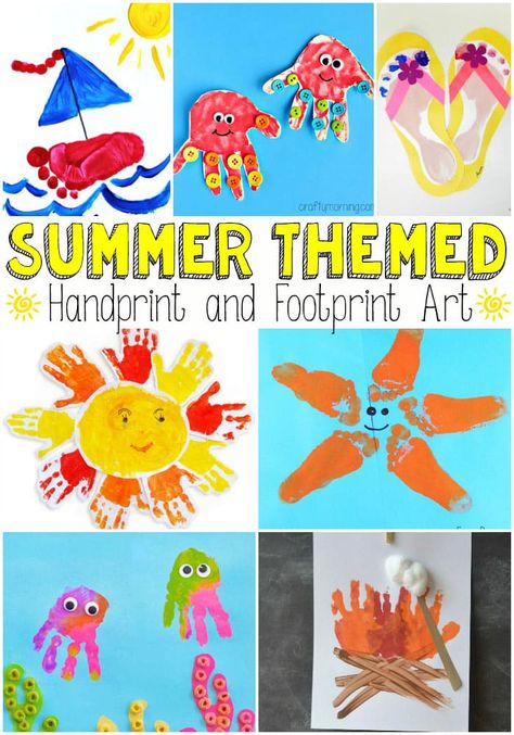 Summer Themed Handprint and Footprint Art | Bring the little handsies and footisies out as it's time to make some summer themed handprint and footprint art. Love these ideas! Childcare Ideas, Footprint Crafts, Beach Pink, Summer Crafts For Kids, Footprint Art, Handprint Crafts, Kid Craft, Finger Print, Daycare Crafts