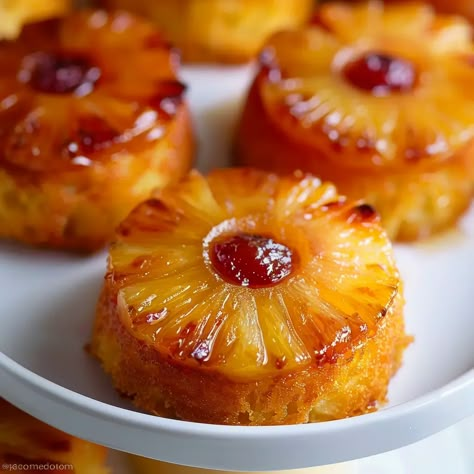 Mini Pineapple Upside Down Cakes Mini Pineapple Upside Down Cheesecake, Pineapple Upside Cake, Pineapple Upside Down Cakes, Pineapple Upside Down Cake Recipe, Mini Pineapple Upside Down Cakes, Upside Down Cakes, Mini Bundt Cakes Recipes, Pineapple Cake Recipe, Bible Camp