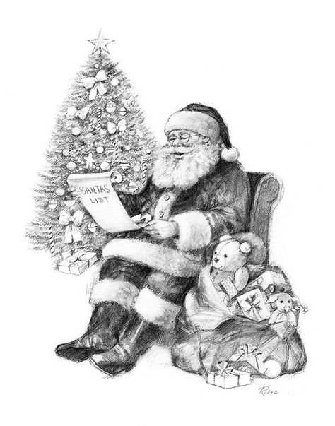 R Manning-black & white santa claus Black And White Santa Pictures, Santa Claus Sketch, Christmas Scene Drawing, Interesting Sketches, Reindeer Christmas Party, Mini Arts, Santa Claus Drawing, Santa Coloring, Santa Reading