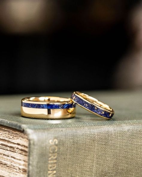 Lapis Wedding Ring, Blue And Gold Wedding Ring, Sapphire Wedding Ring Set, Blue And Gold Wedding, Wedding Rings Sets His And Hers, Gold Wedding Ring Set, Engagement Rings Wedding Bands Set, Mens Ring Designs, Starry Night Wedding