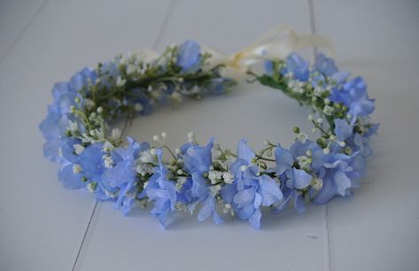 Blue Flower Crown Aesthetic, Blue Floral Crown, Daisy Crown, Floral Hair Crown, Blue Flower Crown, Gypsophila Bouquet, Flower Girl Bouquet, Blue Delphinium, Rustic Wedding Bouquet