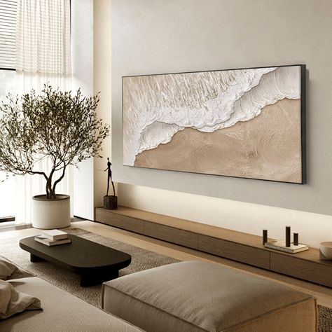 Art Ideas For Living Room Wall, Living Room Tv Wall Inspiration, Organic Home Decor Natural, Textured Wall Living Room, Bedroom Paintings Canvas Wall Art, Large Textured Wall Art, Neutral Painting, Ocean Paintings, Waves Painting