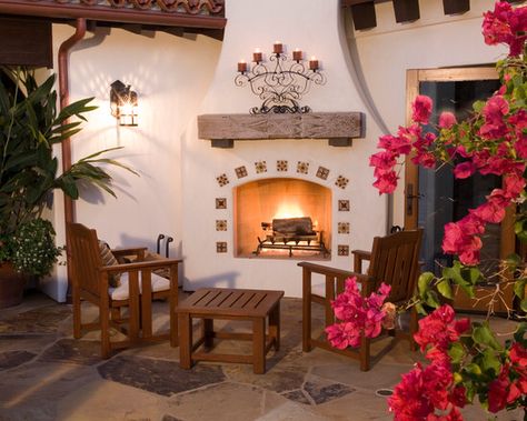 15 of the Most Fabulous Outdoor Fireplace Ideas | How To Build It Spanish Style Fireplace, Spanish Fireplace, Mexican Style Homes, Mexican Style Home, Hacienda Style Homes, Outdoor Fireplace Designs, Mexico House, Patio Fireplace, Mexican Home Decor