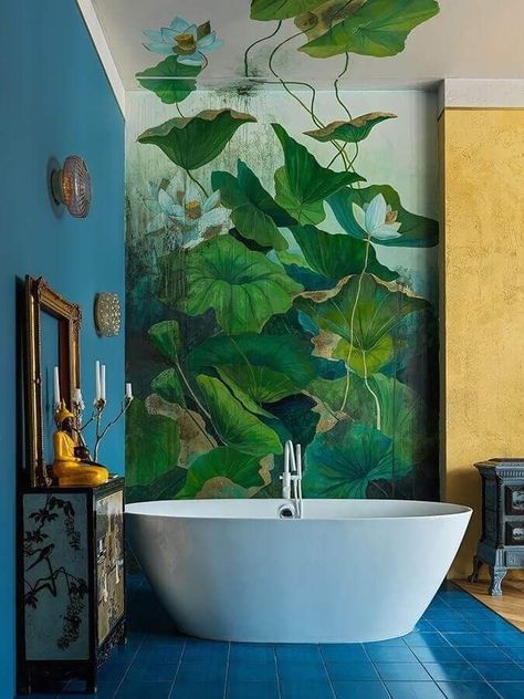 Dream House Decor, Mural Art, Dream Home Design, Of Wallpaper, Bathroom Inspiration, 인테리어 디자인, 그림 그리기, Bathroom Interior Design, Bathroom Interior