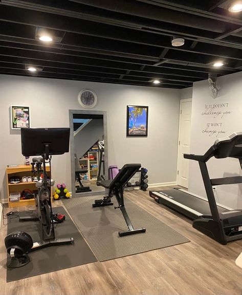 Unfinished Basement Gym, Garage Gym With Treadmill, Gym Basement, Home Gym Basement, Become Stronger, Fitness Room, Hit The Floor, Basement Gym, Home Gym Decor