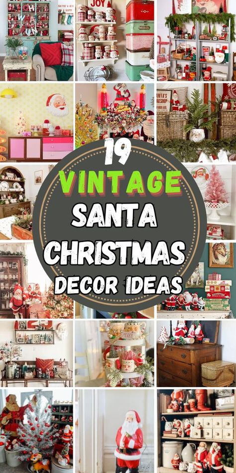 Create a nostalgic holiday atmosphere with these charming Vintage Santa Christmas decor ideas! From Santa-themed ornaments to classic tree displays and festive accents, these vintage touches bring timeless charm to your home. Perfect for adding warmth, tradition, and festive magic to your Christmas celebrations! 🌟🎁 #VintageSantaDecor #HolidayDecorIdeas #TimelessChristmas Vintage Santa Tablescape, Traditional Xmas Decor, Vintage Ornament Display Ideas, Decorating With Santas, 50s Christmas Decorations, Tacky Christmas Decor, Vintage Santa Display, Vintage Santa Decor, Santa Display Ideas