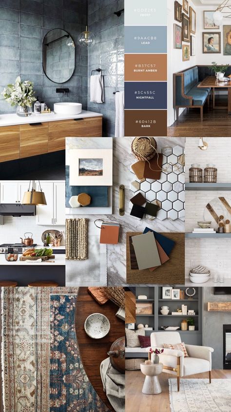 Commercial Feature Wall Design, Scandi Farmhouse Decor, Gray Rust Navy Color Scheme, Home Color Palettes Interior, Blue Gray Copper Living Room, Decor Palette Colour Schemes, Interior Design Schemes, Interior Design Shots, Art Studio Color Schemes