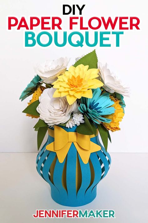 Make a paper flower bouquet and vase to display it in! Paper Flower Bouquet Diy, Paper Flower Vase, Paper Flower Centerpieces, Paper Dahlia, Paper Flower Arrangements, Easy Paper Flowers, Paper Peonies, Paper Vase, Flower Bouquet Diy