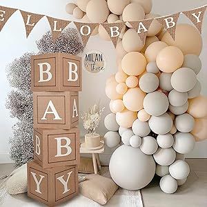 Gender Neutral Baby Shower Decorations, Neutral Baby Shower Decorations, Modern Baby Shower Themes, Gender Reveal Backdrop, Balloon Boxes, Baby Shower Decorations Neutral, Shower Box, White Baby Showers, Balloon Box