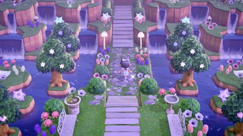 winnie ( ˘⌣˘)♡ on Twitter: "my entrance at night 🌙 in love with this stone path ✨ #ACNH #fairycore… " Flower Bed Path Acnh, Purple Animal Crossing Aesthetic, Acnh Layout Idea, Acnh Airport Entrance Designs, Fairycore Acnh, Fairy Garden Images, Town Layout, Fairy Island, Pink Island