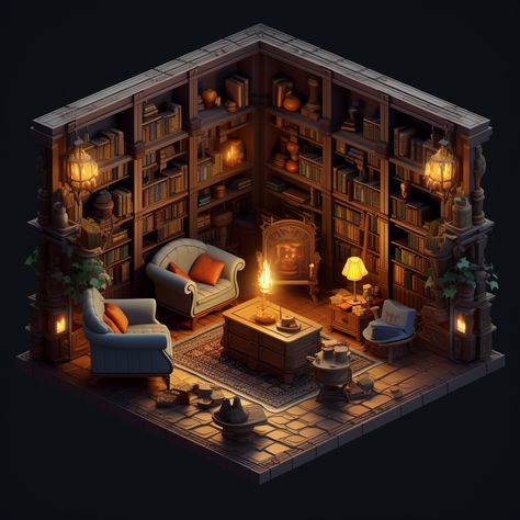 Environment Diorama Concept Art, 3d Library Design, Miniature Library Room, Isometric Room Design, Blender Project Ideas, Blender Isometric Room, Isometric Room 3d, Isometric Library, Library Concept Art