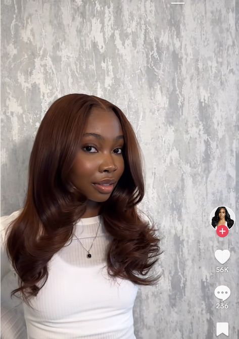 Hair With Crimps, Amber Brown Hair Color Black Women, Brown Wig On Black Women, Fall Silk Press, Ginger Hair Sew In, Brown Hair Color On Black Women, Brown Shoulder Length Hair With Layers, Dark Brown Hair Dark Skin, Brown Hair On Black Girls