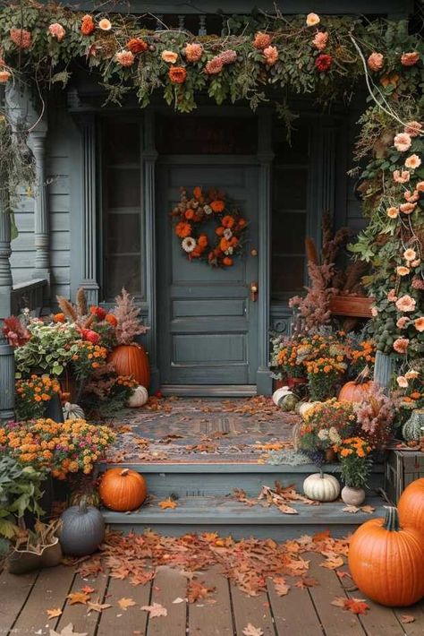 Fall Doorstep Decor, Whimsical Fall Decor, Mums Front Porch Fall Displays, Outdoor Fall Decorations, Thanksgiving Porch, Fall Porches, Minimalist Cottagecore, Fall Diys, Fall Yard Decor