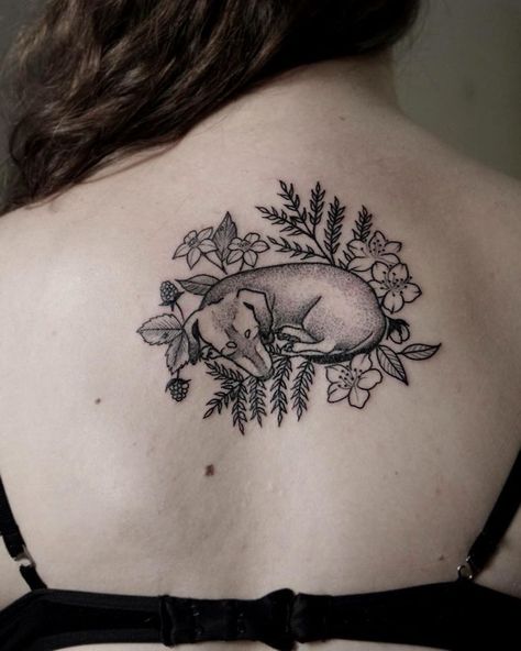 10+ Of The Best Dog Tattoo Ideas Ever Sweet Dog Tattoo, Dog With Halo Tattoo, Whimsical Dog Tattoo, Dog Laying Down Tattoo, Brindle Dog Tattoo, Dachshund Memorial Tattoo, Curled Up Dog Tattoo, Dog Curled Up Tattoo, Sleeping Dog Tattoo