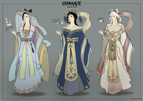 ArtStation - Chang E Goddess of Moon - Character Design, Fion Lim Japanese Goddess Outfit, God Outfits Design, Moon Goddess Clothes, Goddess Clothing Drawing, Moon God Character Design, Wuxia Character Design, Goddess Outfit Drawing, Moon Goddess Outfit, Goddess Concept Art