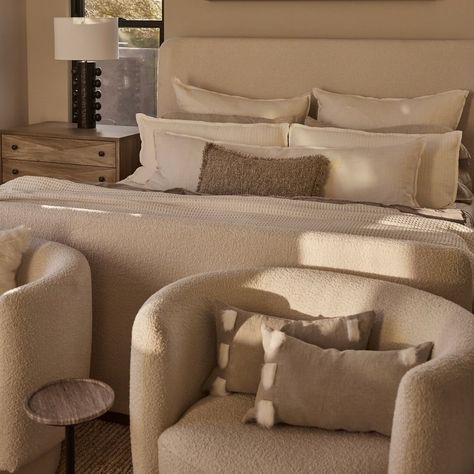 Bouclés, creams, and soft textures for the primary suite in our #AuraProjectByGHD. Boucle Bedroom, Primary Suite, Soft Textures, Lumbar Pillow, Home Design, House Design, Pillows, Bedroom, Home Decor