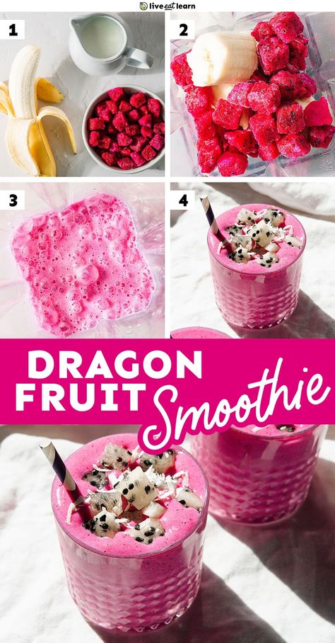 With just 3 ingredients, this dragon fruit smoothie is so easy yet packed with vitamins. And even though dragon fruit seems exotic, you can use those frozen dragon fruit cubes found in the freezer aisle of most grocery stores. Dragon Fruit Ideas, Frozen Dragon Fruit, Dragon Fruit Smoothie Recipe, Fruit Cubes, Dragonfruit Recipes, Dragon Fruit Smoothie, Tasty Drinks, Spinach Smoothie, Pineapple Smoothie