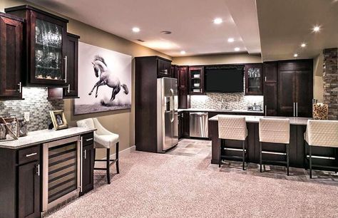 Basement home bar and kitchen with wine fridge and glass backsplash Small Basement Design, Finished Basement Designs, Basement Kitchenette, Basement Layout, Modern Roofing, Modern Basement, Basement Bar Designs, Diy Basement, Small Basements