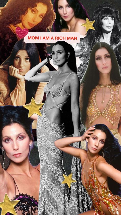 Cher if you agree #cher #moodboard #music Cher Aesthetic Wallpaper, Cher Rich Man, Cher Wallpapers 70s, Cher Outfits 70s Dress, Cher Astethic, Cher Aesthetic 70s, Cher Wallpaper, Cher Burlesque, Cher 1970s