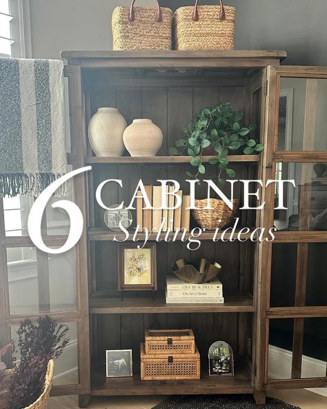 POV: Cabinet + shelf styling inspiration! Make sure to SAVE this post and FOLLOW @thecolellahome for more! 🫶 Comment SHOP for the links to decor and cabinet options! Happy Sunday everyone! if you saw my stories yesterday, I did a poll on whether or not you all would rather see these options in a reel format or stills and stills won! So here you go— here are six different ways to affordably style a cabinet or shelves. I created collages of all the materials that I used as well as cabi... Cabinet Shelves Decor, Styling A Display Cabinet, Entryway Display Cabinet, Corner Cabinet Styling, Cabinet Shelf Styling, Corner Hutch Decor, Cabinet Styling, Corner Hutch, Knick Knack Shelf