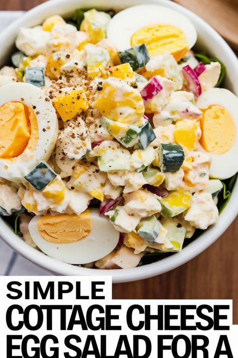 Bowl of cottage cheese egg salad with slices of boiled eggs and chopped vegetables. Egg Salad With Cottage Cheese, Cottage Cheese Salad Recipes, Protein Egg Salad, Cottage Cheese Egg Salad, Cottage Cheese Recipe, Cheese Salad Recipes, Cottage Cheese Salad, Cottage Cheese Eggs, Classic Egg Salad