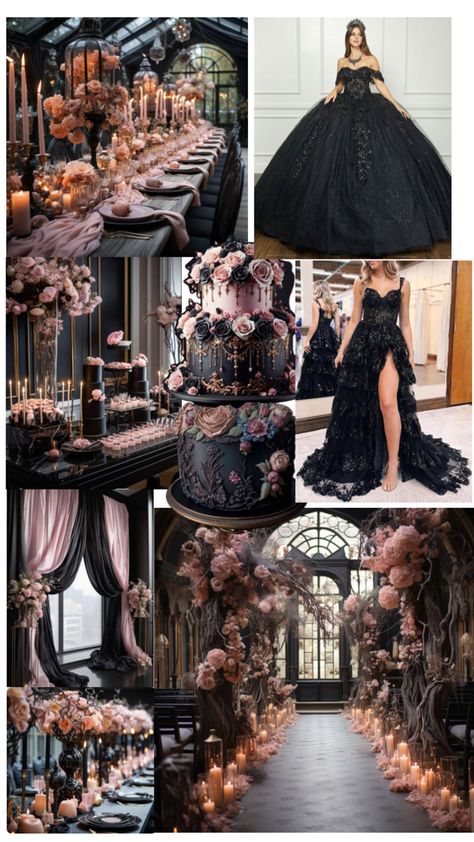 Black Pink And Gold Wedding, Pink Black And Gold Quince, Pink And Black Wedding Decor, Rose Gold Black Wedding, Black And Dusty Rose Wedding, Black And Pink Quinceanera Theme, Fancy Birthday Party Ideas For Women, Pink And Black Wedding Theme, Black And Pink Wedding Theme