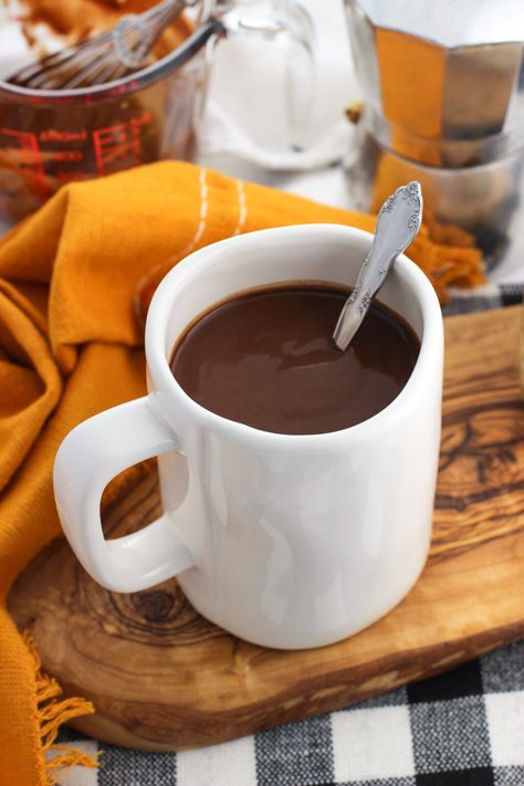 This creamy mocha hot chocolate features a secret ingredient that makes it luxuriously thick while being dairy-free! Freshly brewed espresso adds a delicious flavor that takes it over the top. Hot Chocolate Board, Mocha Hot Chocolate, Cold Weather Drinks, Ice Cream Novelties, Espresso Drinks, Breakfast Drink, Quick Easy Recipes, Flavored Milk, No Dairy Recipes