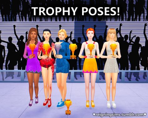 Trophy Poses and Decorations | Reigningsims on Patreon Group Poses, Sporting Event, Sims 4 Collections, Cheer Dance, Cheer Team, Sims 4 Houses, Maxis Match, Sims 4 Mods, Sims 3