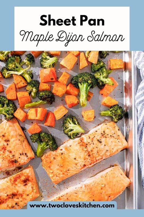 Discover the ease of our Sheet Pan Maple Dijon Salmon recipe from @TwoClovesKitchen! This one-pan wonder features succulent salmon glazed in a mouthwatering blend of maple syrup and Dijon mustard, garlic, thyme, and a hint of spice, roasted alongside sweet potatoes and broccoli for a harmonious medley of flavors. Easy prep, minimal cleanup, and a healthy feast on your table in no time! #SheetPanDinner #SalmonRecipe #EasyCooking Maple Dijon Salmon, Sweet Potatoes Roasted, Maple Mustard Salmon, Maple Syrup Salmon, Salmon And Veggies, Dijon Salmon, Maple Glazed Salmon, Broccoli And Potatoes, Mediterranean Diet Recipes Dinners