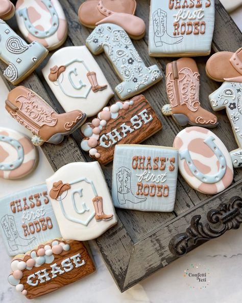 My 1st Rodeo Birthday Cookies, Cowgirl Style Outfits Pregnant, Two Rowdy Birthday, Infant Cowboy Outfit, Country Themed First Birthday, My First Rodeo Birthday Boy Cookies, My First Rodeo Birthday Cookies, Rodeo Themed Cookies, Cowboy Birthday Cookies