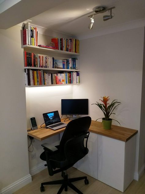 Floating Shelves In Alcove, Shelves Alcove, Alcove Desk, Stairs Office, Living Room Office Combo, Alcove Ideas Living Room, Alcove Shelves, Alcove Ideas, Alcove Shelving