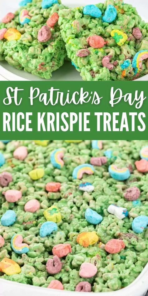 Green Rice Krispie Treats, St Patrick Day Snacks, Lucky Charms Treats, Sant Patrick, Homemade Rice Krispies Treats, Rice Crispy Treats Recipe, St Patrick Day Treats, Krispie Treats Recipe, Rice Krispies Treats