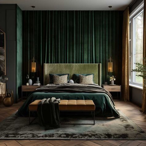 Green Velvet Bed Bedroom Ideas, Green Monochrome Bedroom, Jewel Green Bedroom, Green Monochromatic Bedroom, Art Deco Bedroom Green, Emerald Interior Design, Moody Emerald Green Bedroom, Monochromatic Green Bedroom, Green Velvet Bedroom