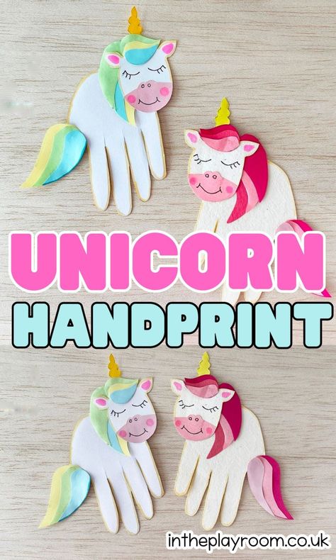 Handprint Unicorn Craft with Free Printable Template Unicorn Handprint Art, Easy Unicorn Craft, Unicorn Art Project, Handprint Unicorn, Unicorn Arts And Crafts For Kids, Tk Crafts, Unicorn Activities, Unicorn Crafts For Kids, Girls Crafts