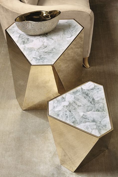 The Contempo Side | Caracole | Distinctive design results in a side table that will stir a conversation in any room. The beauty of your decor is given a warm Majestic Gold glow when it is reflected off the irregular angles of this hexagonal table. White crystal stone adorns the top of this contemporary knockout that can be placed by a chair or sofa for an added spectacular statement. Side Table Gold, Gold End Table, Hexagonal Table, Atlanta Market, Dreamscape Architecture, Caracole Furniture, Gold Glow, Contemporary Side Tables, Drum Table