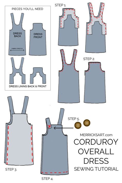 learn how to make this cute corduroy overall dress! Overall Dress Sewing Pattern, Sewing Pattern Free, Merricks Art, Diy Sy, Corduroy Overall Dress, Sewing Dress, Sew Ins, Beginner Sewing Projects Easy, Pattern Sewing