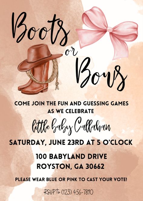 Gender Reveal Invitation Gender Reveal Western Ideas, Gender Reveal Themes Western, Gender Reveal Buck Or Doe Ideas, Cowboy Cowgirl Gender Reveal Ideas, Best Gender Reveal Themes, Western Gender Reveal Invitations, Country Style Gender Reveal Ideas, Western Gender Reveal Themes, Cowboy Vs Cowgirl Gender Reveal