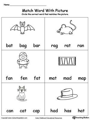 Match Word with Picture: AT Words: Provide your child with experience in identifying words ending in –AT by matching the words with each picture. Phonics With Pictures, 3 Letter Words With Pictures, Word And Picture Matching, Matching Words To Pictures Worksheets, Rhyming Words With Pictures, At Words, Kindergarten Word Families, Vowel Worksheets, English Worksheets For Kindergarten