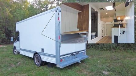 It sleeps four, has a full kitchen and bathroom, and there's room inside to haul a motorcycle. Stealth Camper Van, Portable Clothes Washer, Cargo Trailer Conversion, Moving Van, Loading Ramps, Box Truck, Moving Truck, Cab Over, Full Kitchen