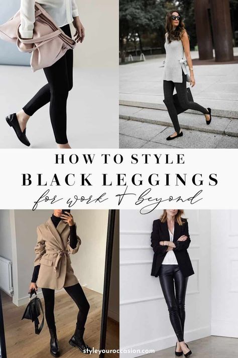 Looking for black leggings outfit ideas or leggings outfits for work? These business casual leggings outfit ideas will keep you feeling chic and sophisticated at the office (and for happy hour after!). Get faux leather leggings outfit ideas, ways to wear trendy stirrup leggings, and more! Business Casual With Leggings, Leather Leggings Outfit Work, Leggings Outfit Winter Dressy, Leggings At Work, Black Leggings Outfit Winter, Black Leggings Outfit Fall, Leggings Work Outfit, Outfits Mit Leggings, Black Leather Leggings Outfit